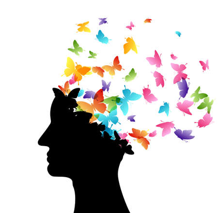 Head with flying color butterflies. Vector isolated decoration element from scattered silhouettes. Conceptual illustration of creative thinking, brainpower and innovation exploration ..のイラスト素材