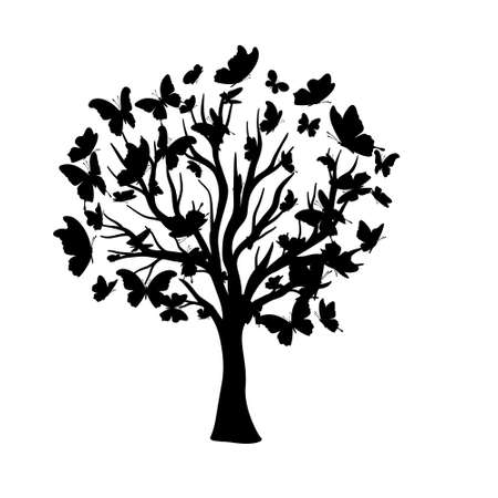 Tree with flying around butterflies. Vector isolated decoration element from scattered silhouettes. Conceptual illustration of growth and life ..のイラスト素材