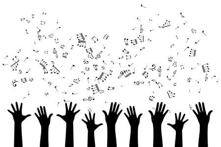 Hands with flying up notes. Vector isolated decoration element from scattered silhouettes. Conceptual illustration of group community and social organization ..のイラスト素材