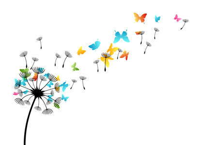 Dandelion with flying color butterflies and seeds. Vector isolated decoration element from scattered silhouettes. Conceptual illustration of freedom and serenity ..のイラスト素材