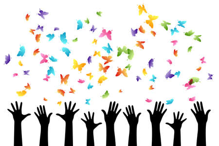 Hands with flying up color butterflies. Vector isolated decoration element from scattered silhouettes. Conceptual illustration of group community and social organization ..のイラスト素材