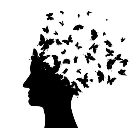 Head with flying butterflies. Vector isolated decoration element from scattered silhouettes. Conceptual illustration of creative thinking, brainpower and innovation exploration ..のイラスト素材