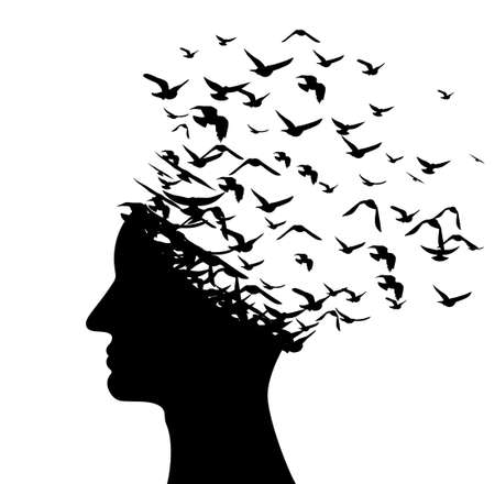 Head with flying birds. Vector isolated decoration element from scattered silhouettes. Conceptual illustration of creative thinking, brainpower and innovation exploration ..のイラスト素材