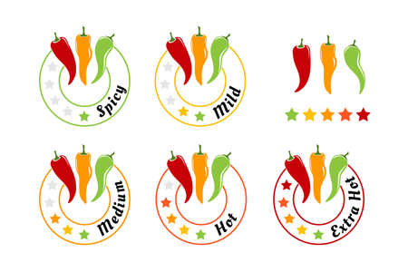 Chili pepper spicy levels badges. Vector design elements ..のイラスト素材