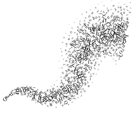 Curve line from flying letters. Vector decoration from scattered elements. Monochrome isolated silhouette. Conceptual illustration ..のイラスト素材
