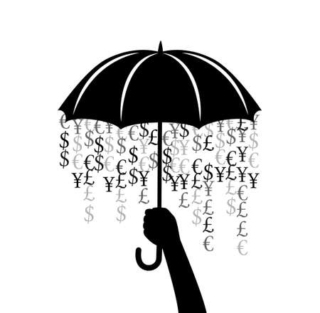 Umbrella with rain from money. Vector decoration from scattered elements. Monochrome isolated silhouette. Conceptual illustration ..のイラスト素材