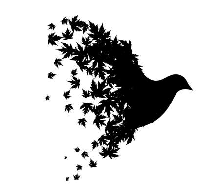 Flying bird with wings from maple leaves. Vector decoration from scattered elements. Monochrome isolated silhouette. Conceptual illustration ..のイラスト素材