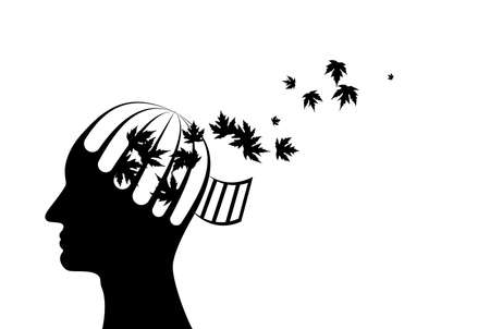 Man with head from cage with flying up maple leaves. Vector decoration from scattered elements. Monochrome isolated silhouette. Conceptual illustration ..のイラスト素材