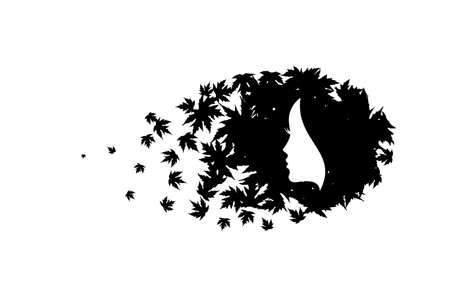 Woman with hair from maple leaves. Vector decoration from scattered elements. Monochrome isolated silhouette. Conceptual illustration ..のイラスト素材
