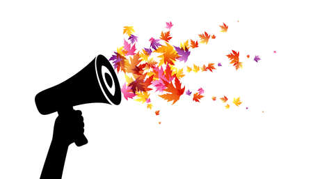 Shout with sound wave from colorful autumn leaves. Vector decoration from scattered elements. Colorful isolated silhouette. Conceptual illustration ..のイラスト素材