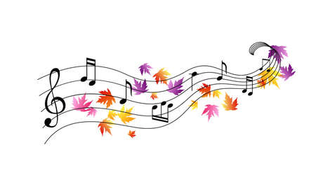 Music notes with flying colorful autumn leaves. Vector decoration from scattered elements. Colorful isolated silhouette. Conceptual illustration ..のイラスト素材