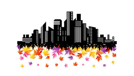 City scape with flying down colorful autumn leaves. Vector decoration from scattered elements. Colorful isolated silhouette. Conceptual illustration ..のイラスト素材