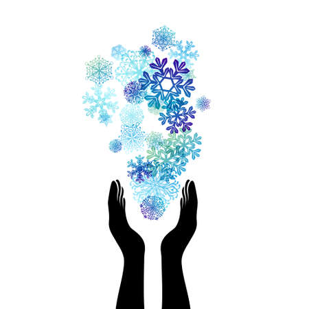 Hands with flying up snowflakes. Vector decoration from scattered elements. Winter design elements.のイラスト素材