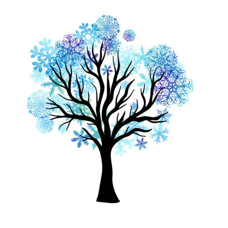 Tree with flying around snowflakes. Vector decoration from scattered elements. Winter design elements.のイラスト素材