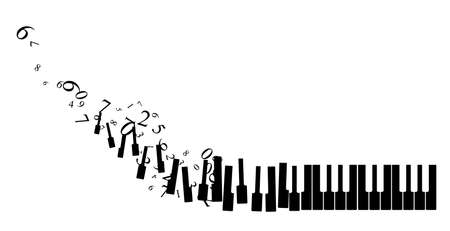 Piano keys with flying up numbers. Vector decoration from scattered elements. Monochrome isolated silhouette. Conceptual illustration ..のイラスト素材