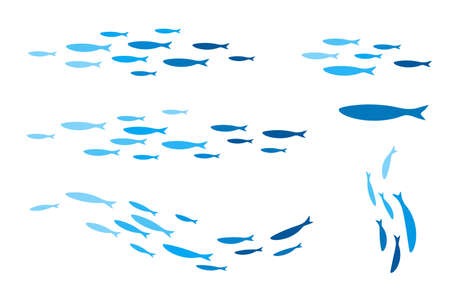 Colony of swiming sea or aquarium fishes. Group of color silhouettes. Collection of isolated vector decoration ..のイラスト素材