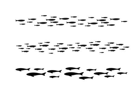 Colony of swiming sea or aquarium fishes. Group of silhouettes. Isolated vector borders ..のイラスト素材