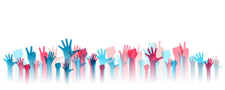 Hands up silhouettes, horizontal border. Decoration element from pink and blue raised hands. Conceptual illustration for festivals, concerts, social and tolerance public communities, education or volunteering ..のイラスト素材