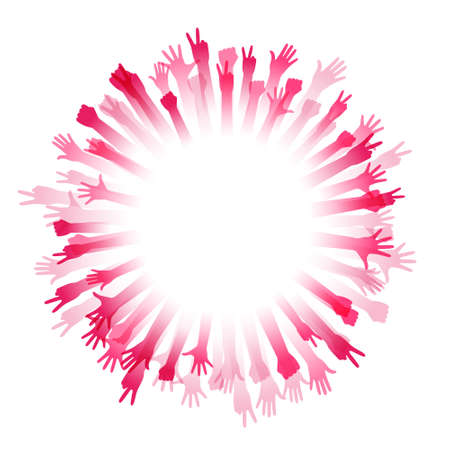 Hands up silhouettes, frame with copy space. Decoration element from pink raised hands. Conceptual illustration for festivals, concerts, social and tolerance public communities, education or volunteering ..のイラスト素材