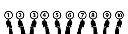 Hands holding up cards with ranking numbers. Conceptual vector illustration of jury competition, tournament or voting.のイラスト素材