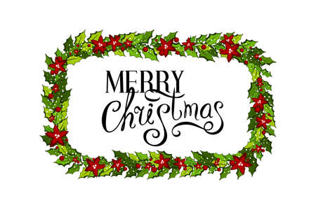 Christmas decorations with holly leaves, red poinsettia flowers and white snow, Horizontal frame with holiday wishes Illustration for xmas and new year designのイラスト素材