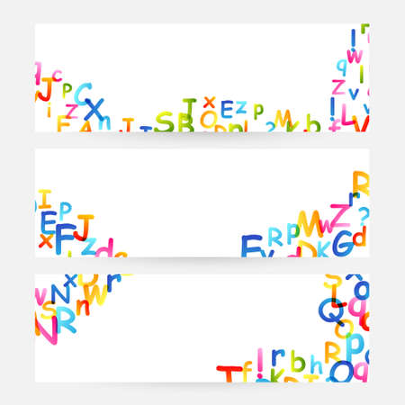 Kids creative education concept. Rainbow alphabet confetti. Design collection. Horizontal banners wiyh copy space.のイラスト素材