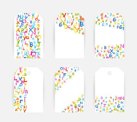 Kids creative education concept. Rainbow alphabet confetti. Design collection of labels and price tags.のイラスト素材