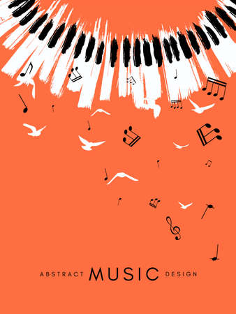 Piano concert poster. Music conceptual illustration. Abstract style coral background with hand drawn piano keyboard and flying notes and birds ..のイラスト素材
