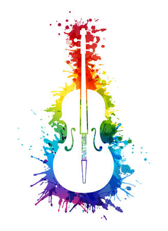 Creative rainbow musical illustration. Vector decoration element with white violine silhouette and rainbow paint splashes.のイラスト素材