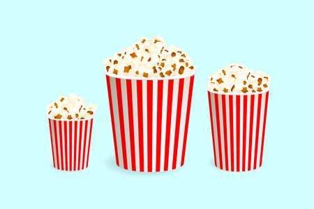 Popcorn with stripped boxes. Vector objects in realistic style. Sweetcorn in paper pack collection ..のイラスト素材