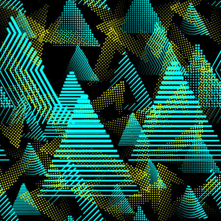 Sport pattern. Seamless background with randomly stripped and dotted triangle elements. Black, cyan, yellow colors.のイラスト素材