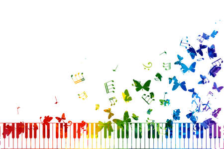 Creative colorful musical illustration. decoration element with piano keys, notes and flying butterfliesのイラスト素材