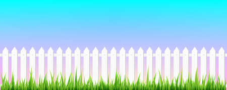 Summer panoramic landscape. horizontal background with sky, clouds, white fence and grassのイラスト素材