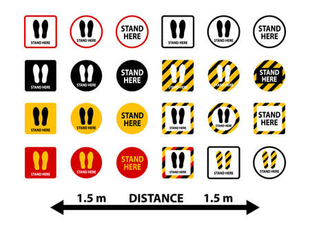 Stand here and keep distance stickers collection. Social distancing protection icons ..のイラスト素材