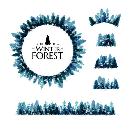 Winter snowy forest. Christmas tree decoration or design elemets. Round frame with dividers and borders.のイラスト素材