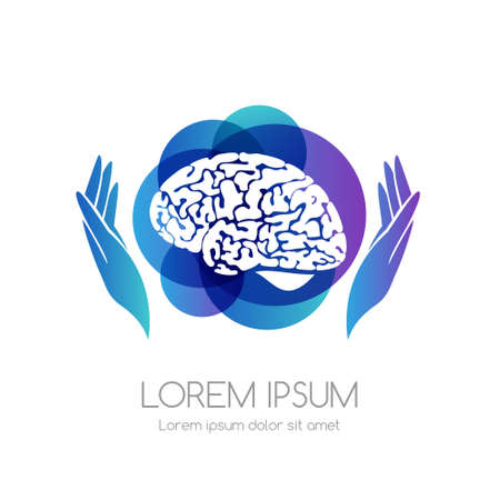 Brain with hands and blue abstract shape. Medical emblem. Health care vector icon.のイラスト素材