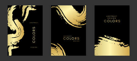 Golden artistic poaters with paint splash decoration elements. Abstract creative design. Backgrounds collection with hand drawn texture.のイラスト素材