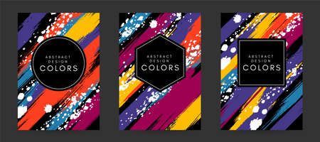 Colorful artistic poaters with paint splash decoration elements. Abstract creative design. Backgrounds collection with hand drawn texture.のイラスト素材