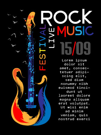 Rock music festival poster template. Vertical banner with rock guitar in grunge style and paint splashes.のイラスト素材