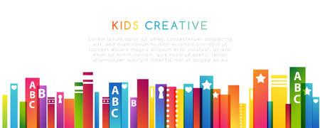 colorful books. horizontal border. Kids creative conceptual vector illustration.のイラスト素材