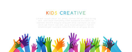 Colorful children hands up. horizontal border. Kids creative conceptual vector illustration.のイラスト素材