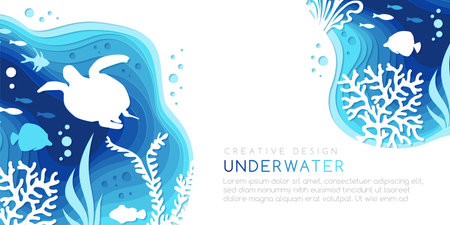 Underwater layered banner. Vector background in paper art style with reef landscape. Turtle, corals, fish, polyps, shellfish and seaweeds and other sea wildlife.のイラスト素材