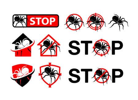 Pest control badge set. Design elements, labels and stickers, danger and stop signs with spider silhouetteのイラスト素材