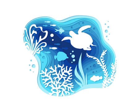 Underwater layered banner. Vector background in paper art style with reef landscape. Turtle, corals, fish, polyps, shellfish and seaweeds and other sea wildlife.のイラスト素材