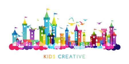 Kids fantasy castle. Colorful childhood fantasy fort with rainbow towers. Horizontal border for design kids club, preschool room or kindergartenのイラスト素材