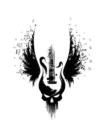 Rock guitar with skull and wings with music notes from ink splashes . vector decoration element.のイラスト素材