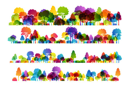 rainbow season forest. Vector illustration of colorful trees. Bright decoration concept of landscape, park, wild nature or season forest.のイラスト素材
