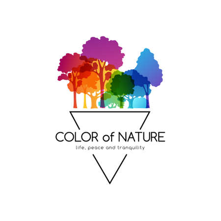 rainbow season forest. Illustration of colorful trees. Bright decoration concept of landscape, park, wild nature or season forest. vector emblem.のイラスト素材
