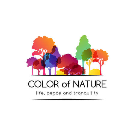 rainbow season forest. Illustration of colorful trees. Bright decoration concept of landscape, park, wild nature or season forest. vector emblem.のイラスト素材