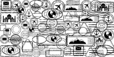 mail stamps. decorative background. Horizontal illustration with ink stylish postal elements